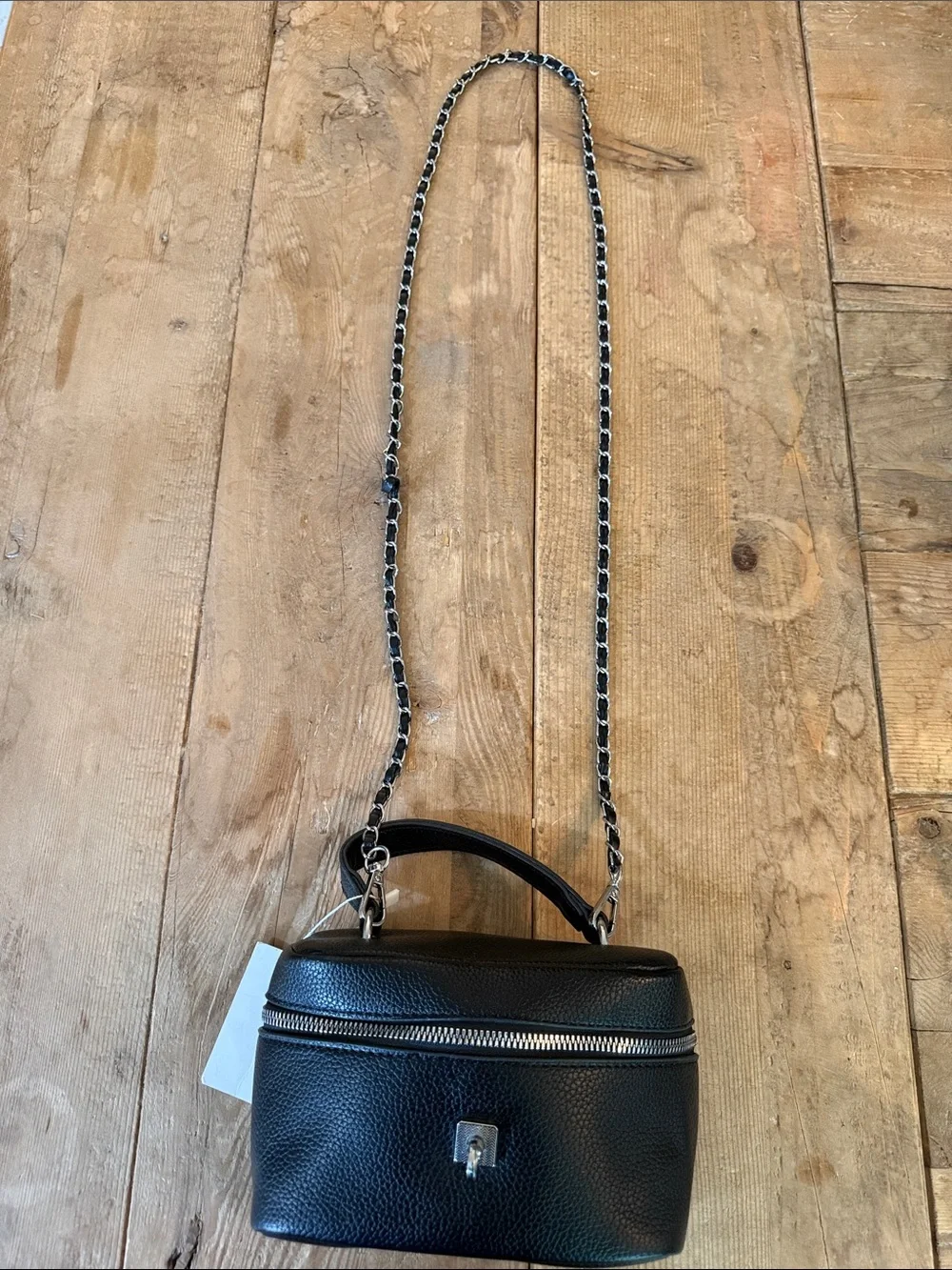 Black Leather Vanity Crossbody Cosmetic Case with Chain Strap